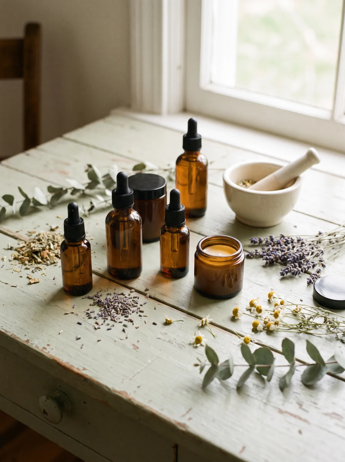Amber dropper bottles of botanical facial oils and serums on a spa table