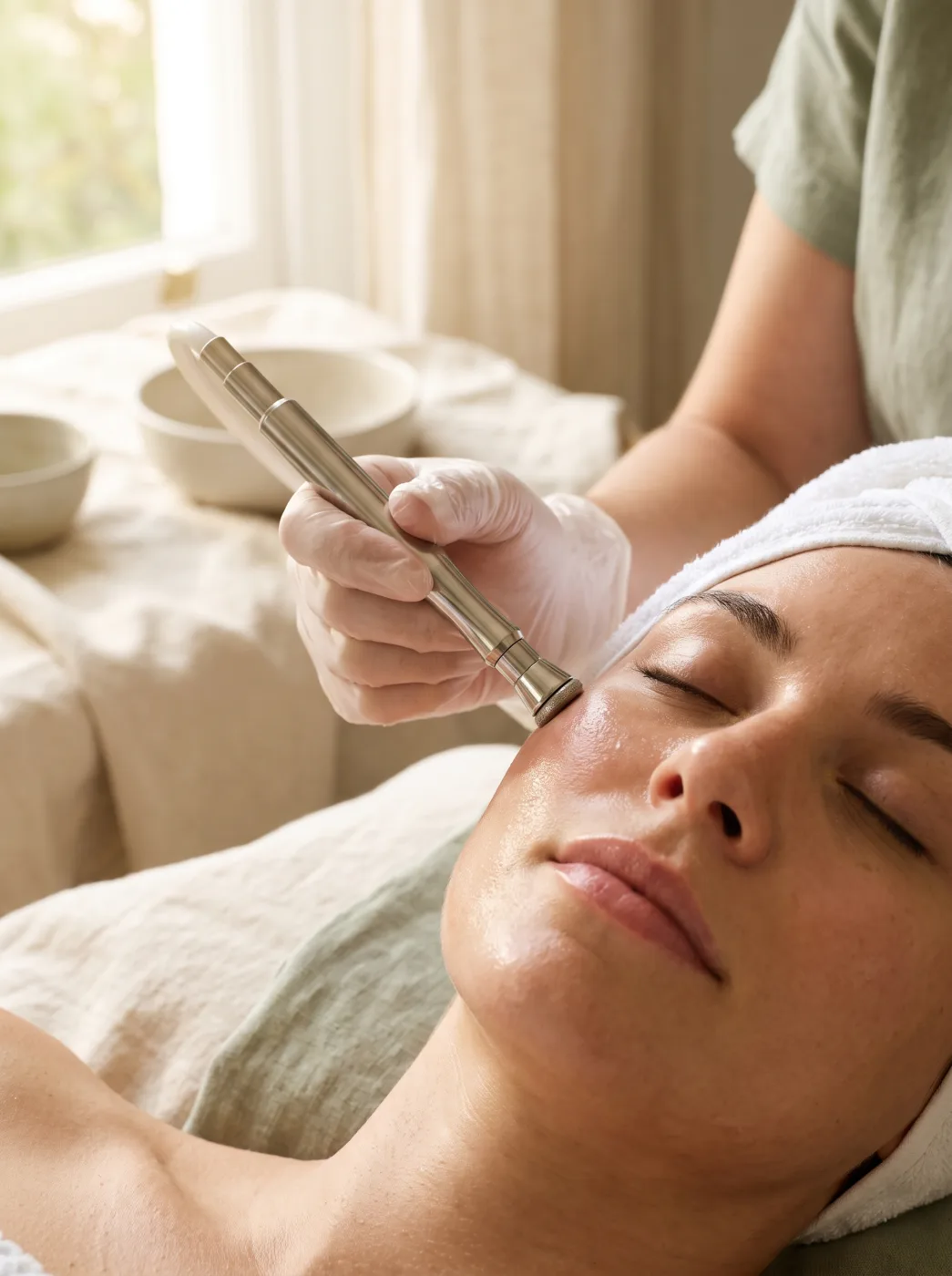 Close-up of a microdermabrasion treatment at ESSpa as an esthetician glides a resurfacing wand across a relaxed guest's cheek