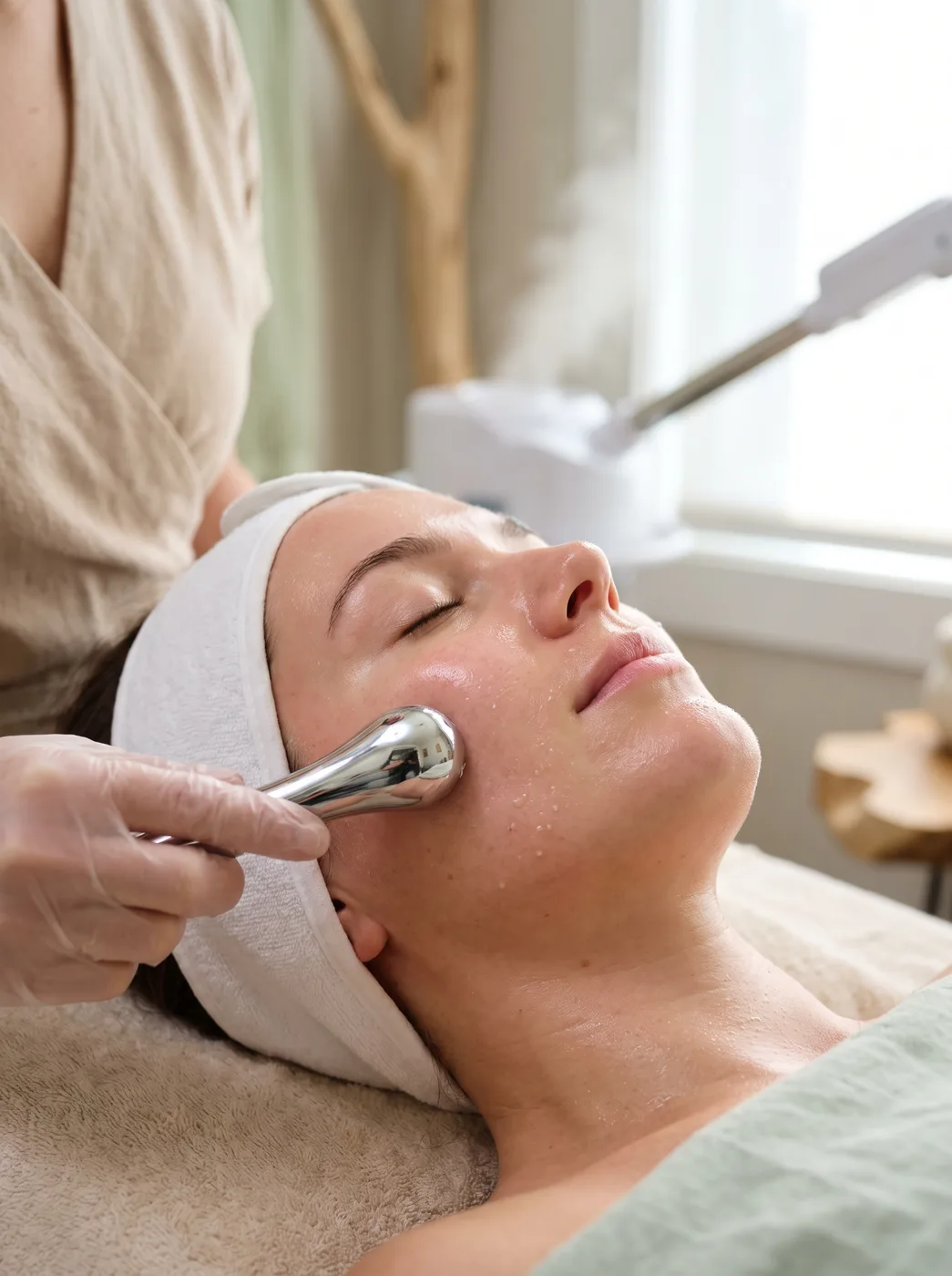 Close-up of an advanced facial treatment at ESSpa with a modern skincare device